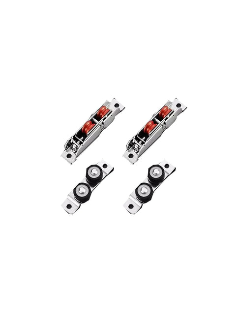 Components of Triple Track Sliding Door Kit for Closets and Room Dividers, heavy duty aluminum rails with smooth quiet rollers.