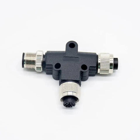 Rugged IP67 M12 5 Pin T Connector A Code Waterproof Field Wiring Adapter for industrial sensors, black connector with silver pins.