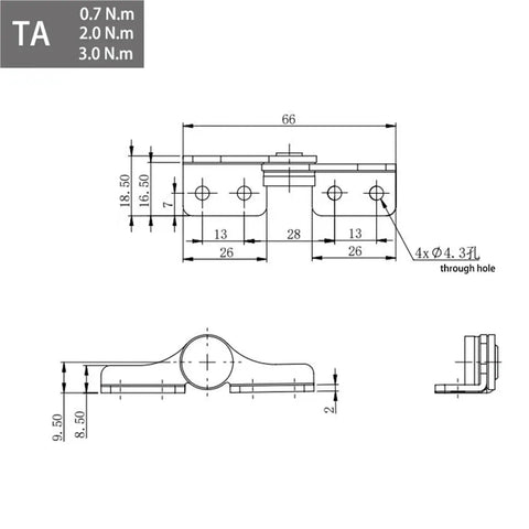 Front view of 304 stainless steel damping hinge with TB-Left, 0.7 N.m non-adjustable torque (1 pc)