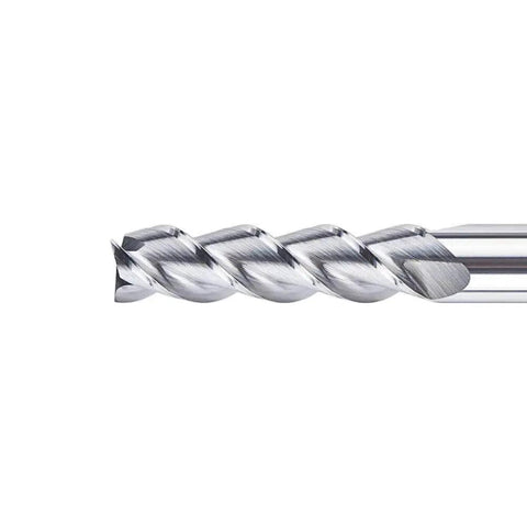 Close-up of Rugged Three Flute Carbide End Mill For Aluminum Upcut Spiral Router Bit with flat top and smooth finish.