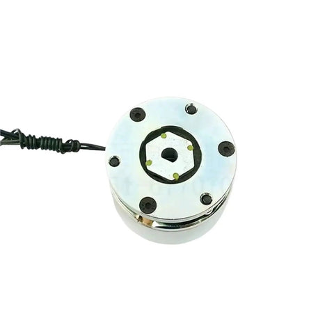 Chrome electromagnetic brake housing, round metal unit with central shaft bore and five mounting screws, wired