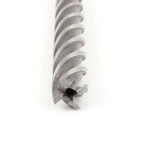 Close-up of the cutting edge of a Long 135mm HSS AL End Mill With 10mm Straight Shank And 4 Flutes For Metalworking, 0.4 Inch Cutting Diameter.