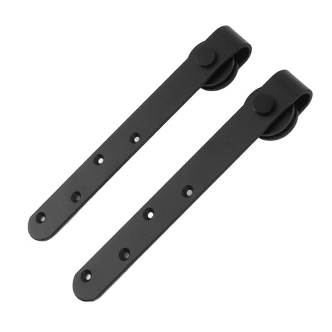 Rustic Sliding Barn Door Hardware Kit with Carbon Steel Track Rail for single or double bypass doors, black metal hangers view.