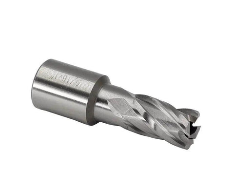 Close-up of a single cutter from a six piece annular cutters set for magnetic drills with Weldon shank three quarter inch cutting diameter.