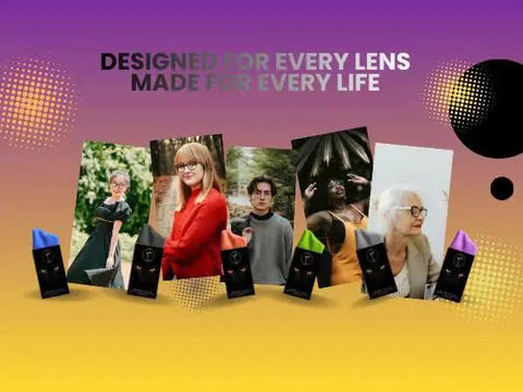 Diverse people with clean lenses using Microfiber Lens Cleaning Cloth 6 Pack For Glasses Cameras 6x7in 230GSM, various backgrounds.