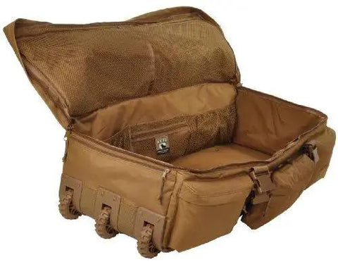 Open view of Expandable Rollin Luggage With Three Wheel System And An Expandable Main Compartment That Adds About 3000 Cubic Inches Of Extra Cargo Space For An X Large Brown Bag Sized 15.5 By 37 By 17 Inches Sandpiper Of California 2038 O C B.