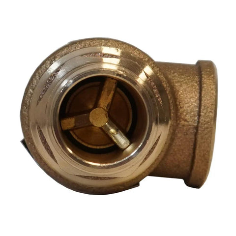 Brass 1-inch pressure relief valve end view with visible internal stem and fittings