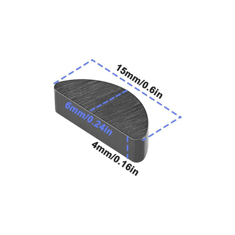 Diagram of a 15mm x 4mm x 6mm metal Woodruff key, part of a Ten Pack 15x4x6 Mm Woodruff Keys For Lawn Mower Spare Parts