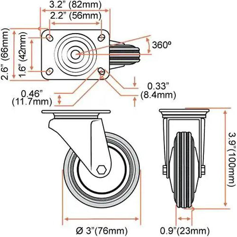 Technical drawing of 24 Pack Three Inch Swivel Caster Wheels With Rubber Base And Top Plate Double Ball Bearing Heavy Duty Ideal For Carts And Equipment Load Capacity Over 250 Lbs Per Caster With Durable Rubber Wheel For Easy Maneuverability On Wood And Concrete Surfaces, showing dimensions and design features.