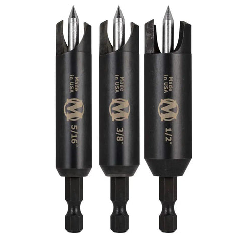 3 Piece Self Centering Wood Plug Cutters Set With Retracting Anchor Post And 2 Point Cutting Blades For Precise Plug Work Black Oxide Coating To Resist Dulling 1/4 Inch Quick Change Shank Made In USA By Montana Brands MB-65823