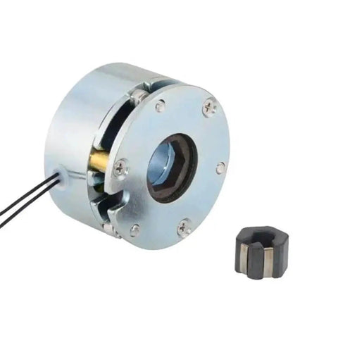 Front view of DC electromagnetic brake, 24V, 2.0 Nm, metal housing with mounting flange; small adapter included
