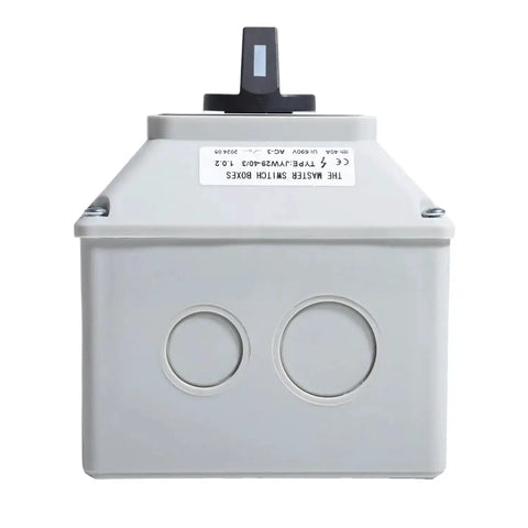 Front view of Rotary Changeover Switch Universal Selector Switch Enclosure Box 690V 40A 3 Position 3 Phase 12 Terminals
