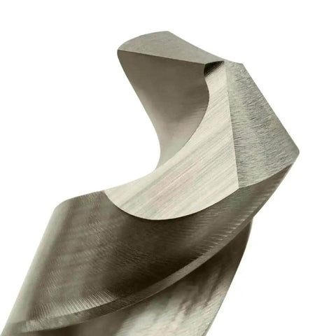 Close-up of 5/16 Inch HSS Twist Drill Bit For Magnetic Drill Press With Weldon Shank 2 Inch Cut Depth High Speed Steel For Clean Holes In Steel And Metal SPI 5/16 By Euroboor showing cutting edge.
