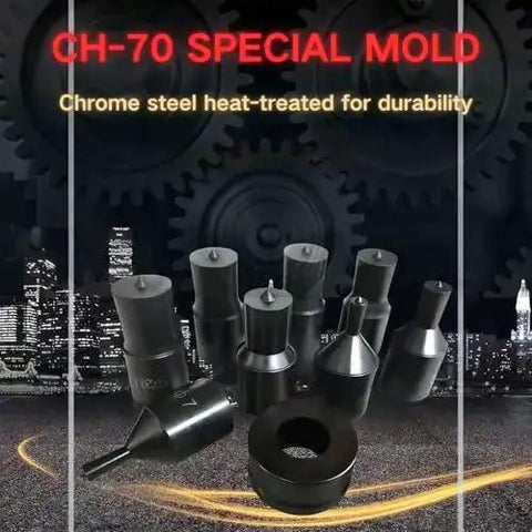 30 Piece Round Hole Punch Die Set For CH 70 Hydraulic Punch Machine, heavy duty metal dies, chrome steel, displayed with cityscape backdrop