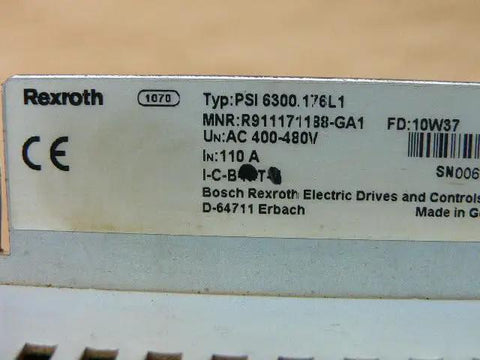 PSI6000 series inverter model 6300.176 L1 (R911171188-GA1) label showing technical specifications and Bosch branding.