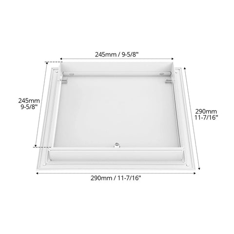 QWORK 10x10 flush aluminum access door panel, powder-coated white, for drywall and ceiling electrical service, top view