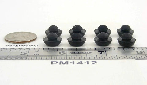 Black ridged SBR rubber push-in bumpers next to ruler, Ridged SBR Rubber Push In Bumper One Half Inch Diameter Five Thirty Second Inch Height Fits One Quarter Inch Hole Panel Thickness One Sixteenth Inch Flat Cushioned Surface Protects Surfaces From Damage Temperature Range Minus Twenty To One Hundred Eighty