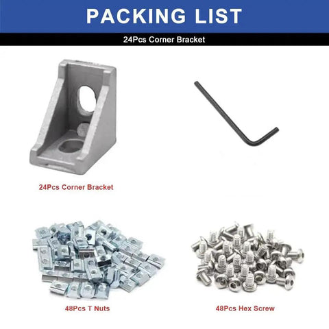 24 Pcs 2020 Corner Bracket Kit With Screws For 8020 Aluminum Profiles showing corner bracket, T-nuts, screws, and wrench