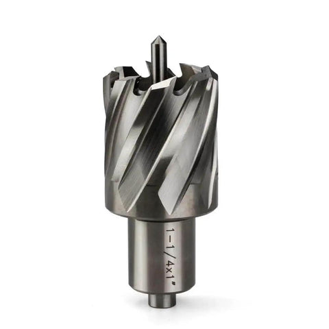 One And One Quarter Inch Annular Cutter For Magnetic Drill Press With Three Quarter Inch Weldon Shank Two Flats And Pilot Pin Cutting Diameter One And Quarter Inch Depth Of Cut One Inch Delivers Up To Ten Times Faster Holes In Steel OSCARBIDE, close-up view of cutter.