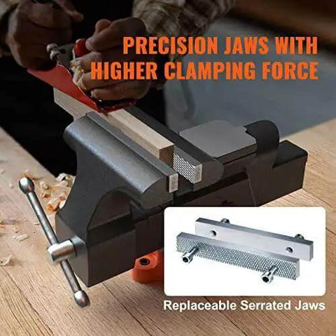 Versatile 6 Inch Bench Vise With 360 Degree Swivel And Anvil VEVOR Heavy Duty Ductile Iron Workbench Vise shown in use on workbench