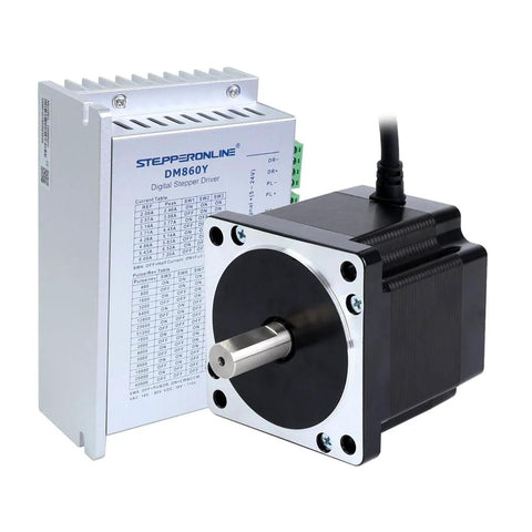 Two-piece STEPPERONLINE DM860Y driver and NEMA 34 stepper motor, front view; silver driver unit, black motor.