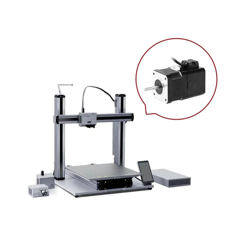 Front view of a desktop CNC/3D printer with an inset close-up of a NEMA17 42HS34-YC-PD stepper motor on the gantry.