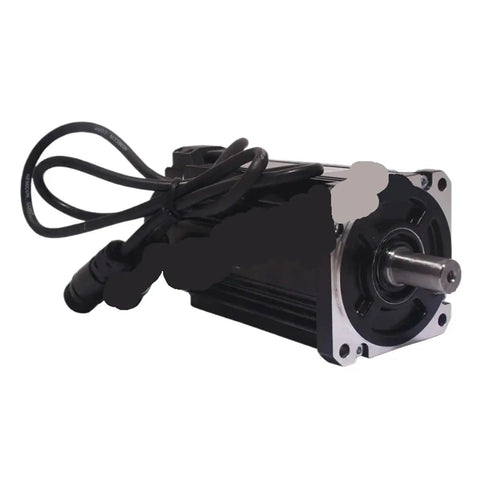 90ST-M04025 AC servo motor with shaft and cables; black aluminum body, front view