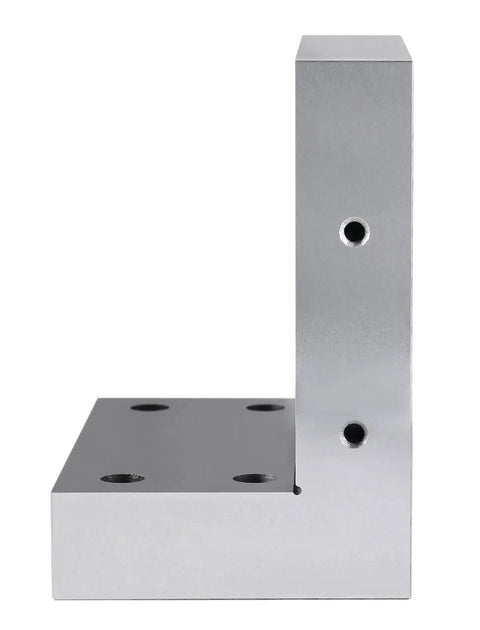 Side view of Rugged Machinist Grade 6x6x4 Inch Precision Angle Plate For Milling And Drilling Solid One Piece Steel Ground Flat To.0002 Inch