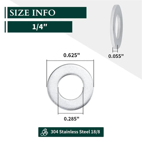 Flat washer 1/4 in stainless steel, 0.28 in ID, 0.63 in OD, 304 SS bright finish, pack of 50, Amazon