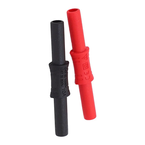 Front view of two insulated 4mm banana couplers, female-to-female, red and black with PVC sleeves
