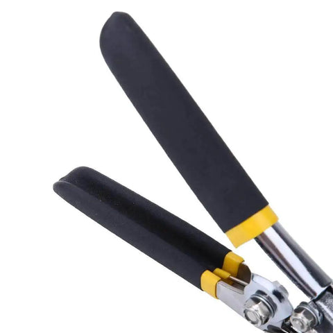Close-up of handles on 6 Inch Sheet Metal Bender Workhorse with Heavy Duty 45 Steel Construction Multifunctional Duckbill Pliers.