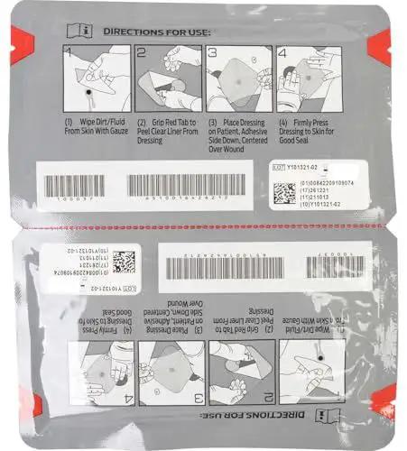 Instructions on Twin Pack HyFin Vent Chest Seal For Trauma And Wound Care with Three Channel Pressure Relief Vents packaging
