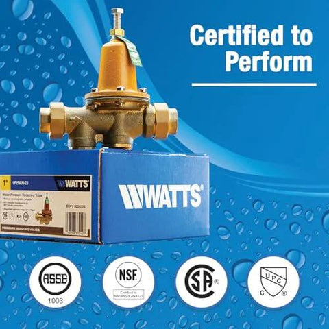 Watts LF25AUB-Z3 water pressure reducing valve, 3/4 inch, brass body with polymer seat, NPT female unions.