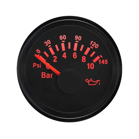 Marine Oil Pressure Gauge 0 To 10 Bar 0 To 145 Psi 52 Mm 2 Inch Backlit, showing red backlit dial with pressure metrics