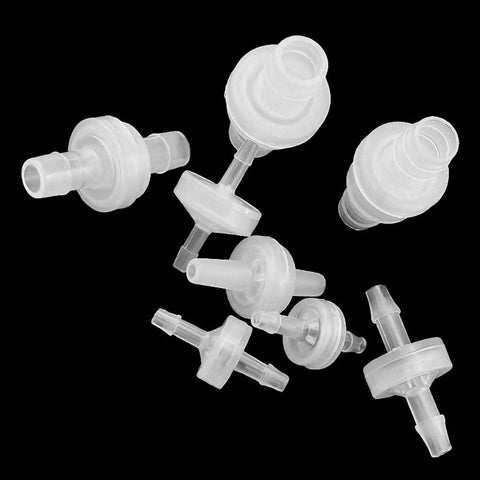 Three-pack of transparent plastic one-way check valves with 1/8 inch hose barb fittings; ozone resistant