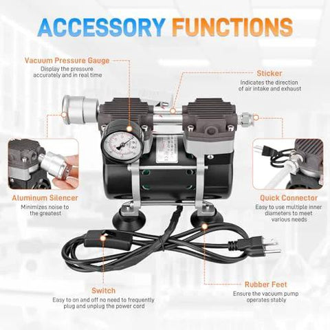 50L/min oil-free lab vacuum pump with switch, pressure gauge, aluminum silencer, quick connector, rubber feet.