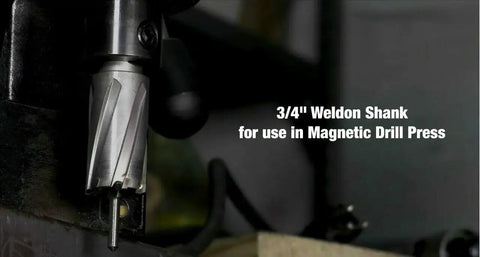 Five Eighth Inch By One Inch High Speed Steel Annular Cutter DWC Series With Three Quarter Inch Weldon Shank installed in magnetic drill press