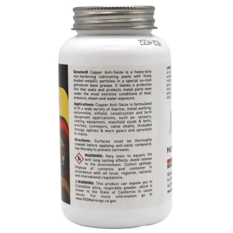 Back view of Copper Anti Seize Paste 8 Oz Can Heavy Duty Lubricant For Threads And Fasteners Protects Against Extreme Heat Pressure Steam Water Prevents Galling Seizing And Corrosion Two Pack, showing label details.