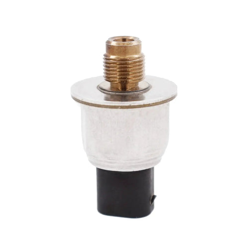 Brake fluid pressure sensor with brass threaded connector on silver housing and black plastic base.