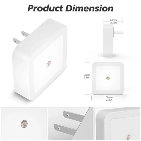 8 Pack Dusk To Dawn Wall Plug Night Lights 3000K Warm White LED product dimensions and angle views.
