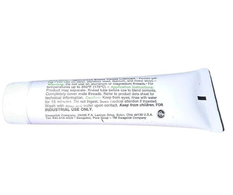 Back view of Swagelok Pure Goop Thread Lubricant 1 Oz Tube Heavy Duty Pro Grade Halocarbon Based Anti Seize, white tube with instructions.