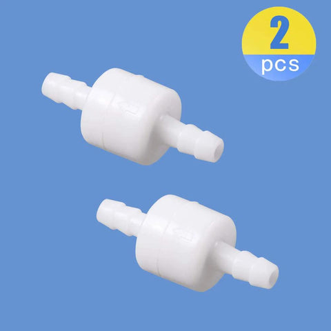 Two white 1/4-inch inline check valves with hose barb fittings; plastic, ozone resistant, for fuel, water, gas, air.