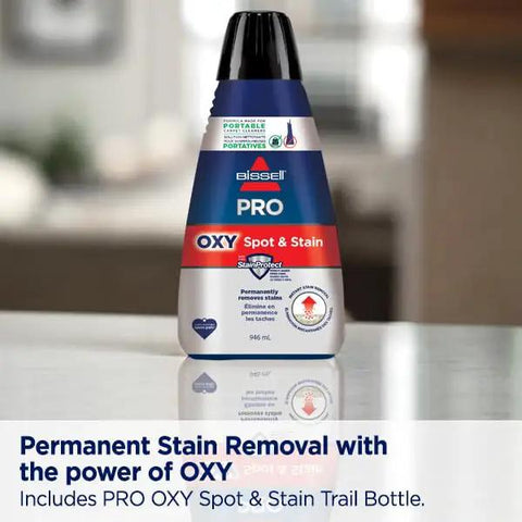 Bissell PRO OXY Spot & Stain 946ml bottle for permanent stain removal and cleaning, designed for portable use.