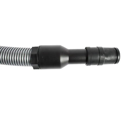 Close-up of the Premium 50 Foot Shop Vacuum Hose With Power Tool Adapter Set, showing crush-proof flexible hose and adapter connection.