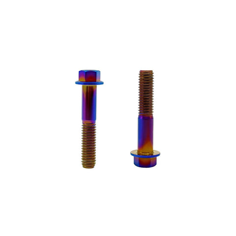 Front and side view of Burnt Blue Titanium Flanged Hex Head Bolts M6 x 1.0 x 25mm Pack Of 5, 6AL4V Aerospace Grade Ti Fasteners