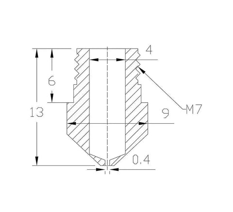 Technical drawing of Two Pack MK10 M7 Extruder Nozzles 0.4mm with dimensions for 3D printers using 1.75mm filament.