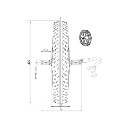 8-inch adult scooter motor wheel with ultrathin brushless hub motor; blueprint shows mounting holes and dimensions.