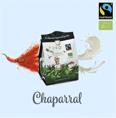 Package of Puro Fairtrade 10-count organic coffee capsules with a nature-themed design, Chili pepper and cream splash background.