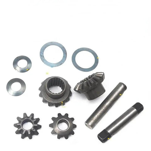 Parts of Electric Tricycle Differential Gear Assembly And Gearbox Kit with planetary bevel gear and shafts on white background.