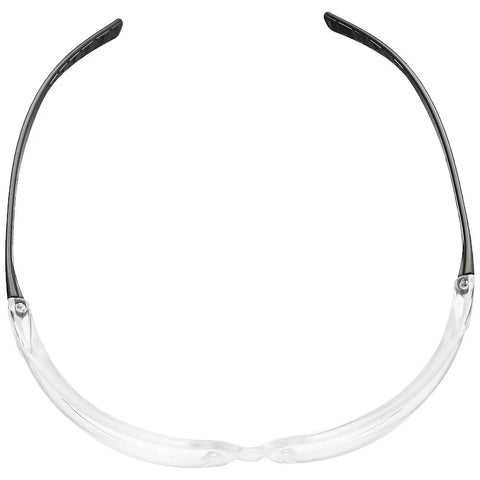 Top view of Anti Fog Safety Glasses 12 Pack With UV Protection And Scratch Resistant Lenses, highlighting the curved black arms.